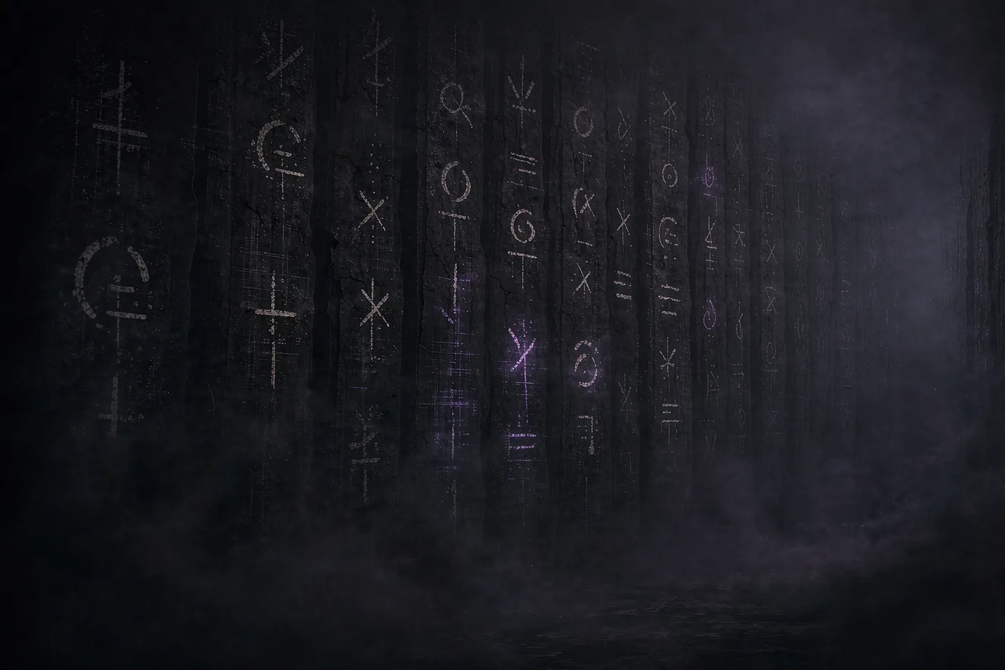 A dark archive wall in fog, covered with faint abstract glyphs — some still glowing as if being written.