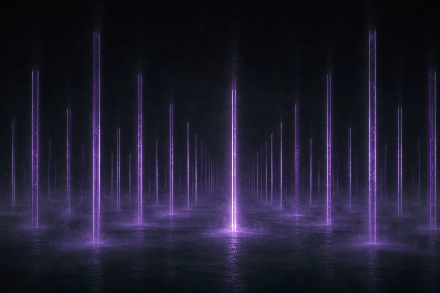 Thin vertical violet light beams standing in fog like measurement columns — one brighter than the rest.