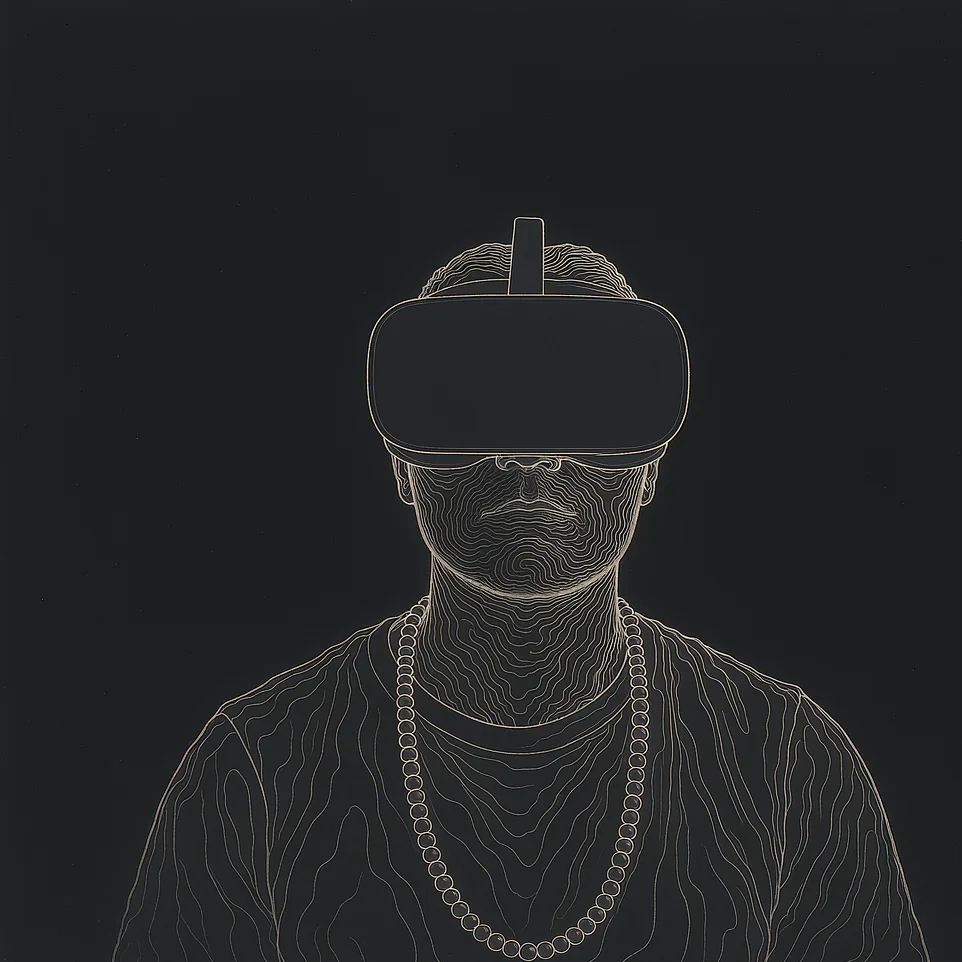 Posthuman portrait of Mauro Rubin: contour-line scan on black, VR headset as a void across the eyes, a violet ring above — the threshold.