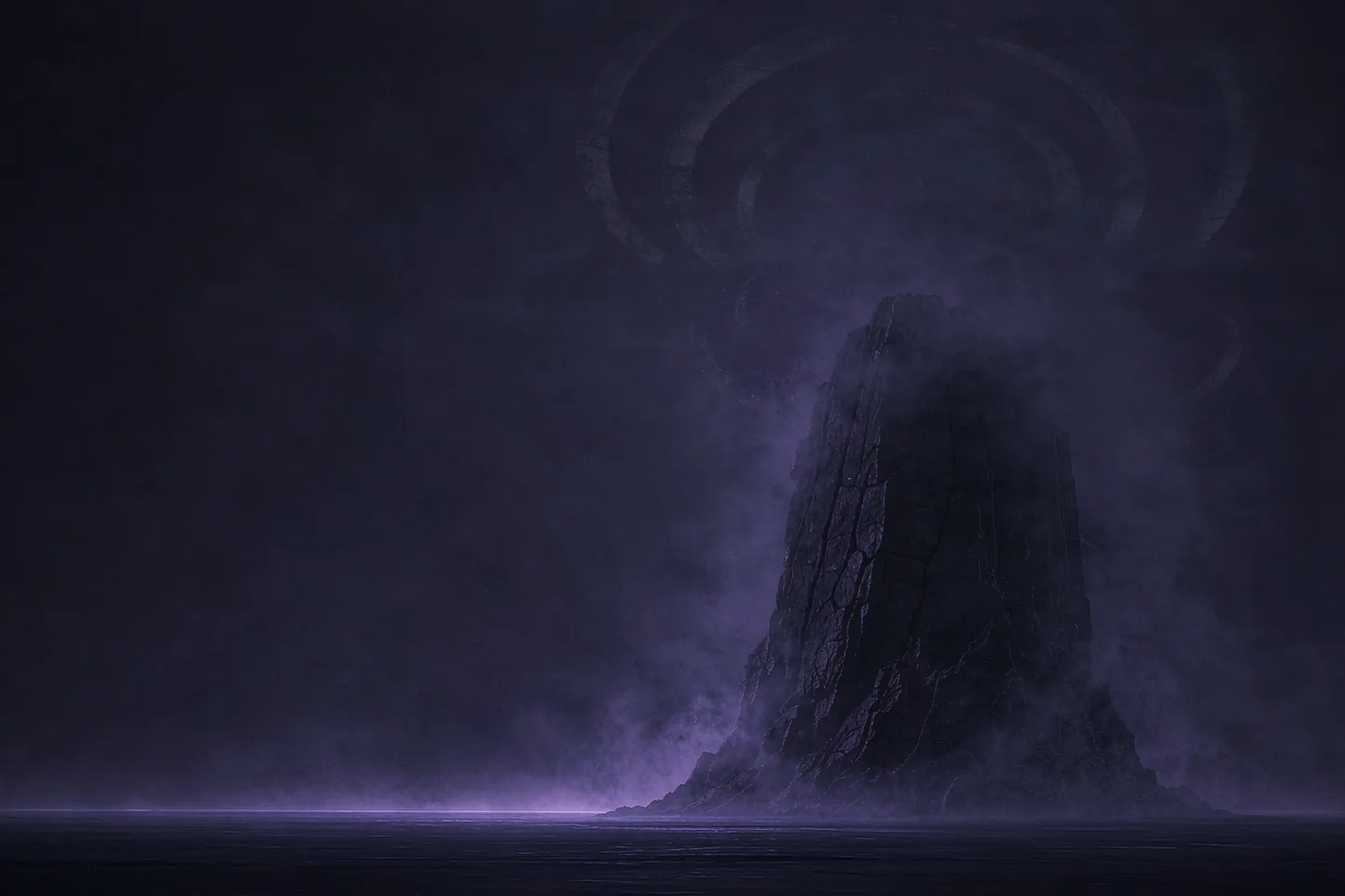 A monolithic form barely emerging from violet fog, a thin glowing horizon line below.